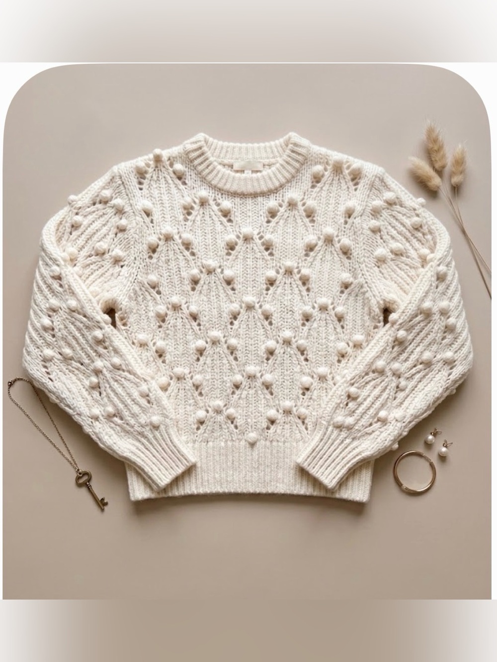 ASTR the Label Lexi Pointelle Pom Pom Sweater Cream White XS Coquette Boho Chic